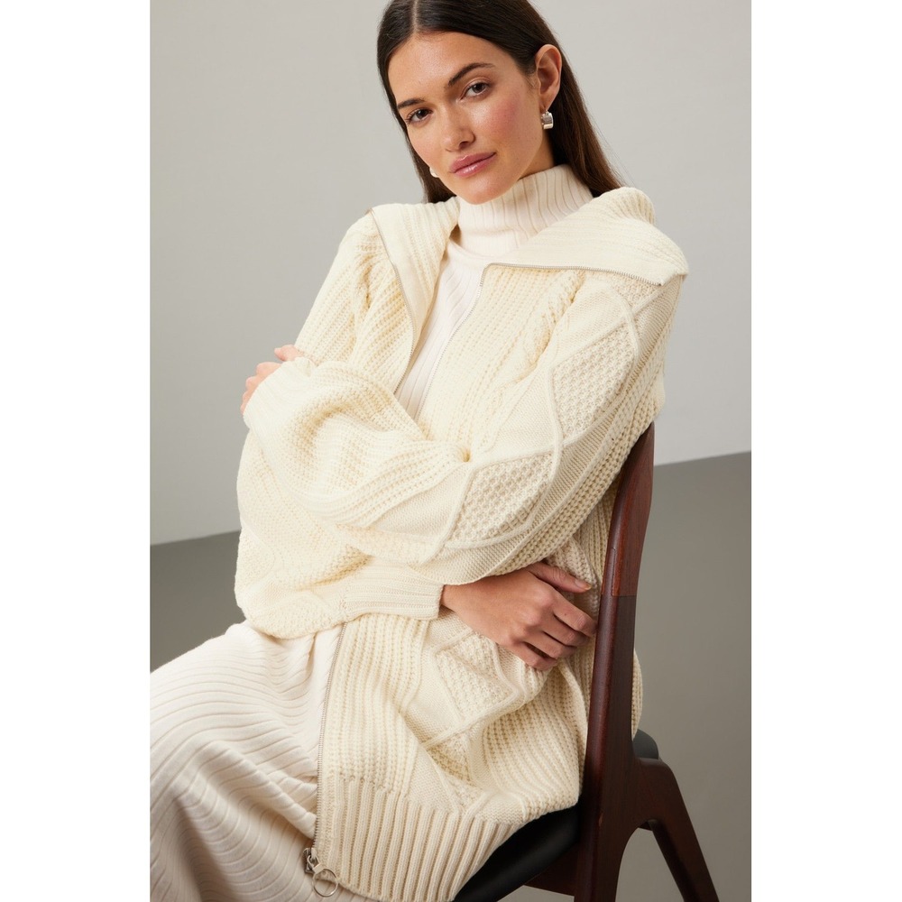 WeWoreWhat Chunky Cable Knit Sweater Zip Up Cardigan XXS XS Ivory Coastal - Picture 2 of 12